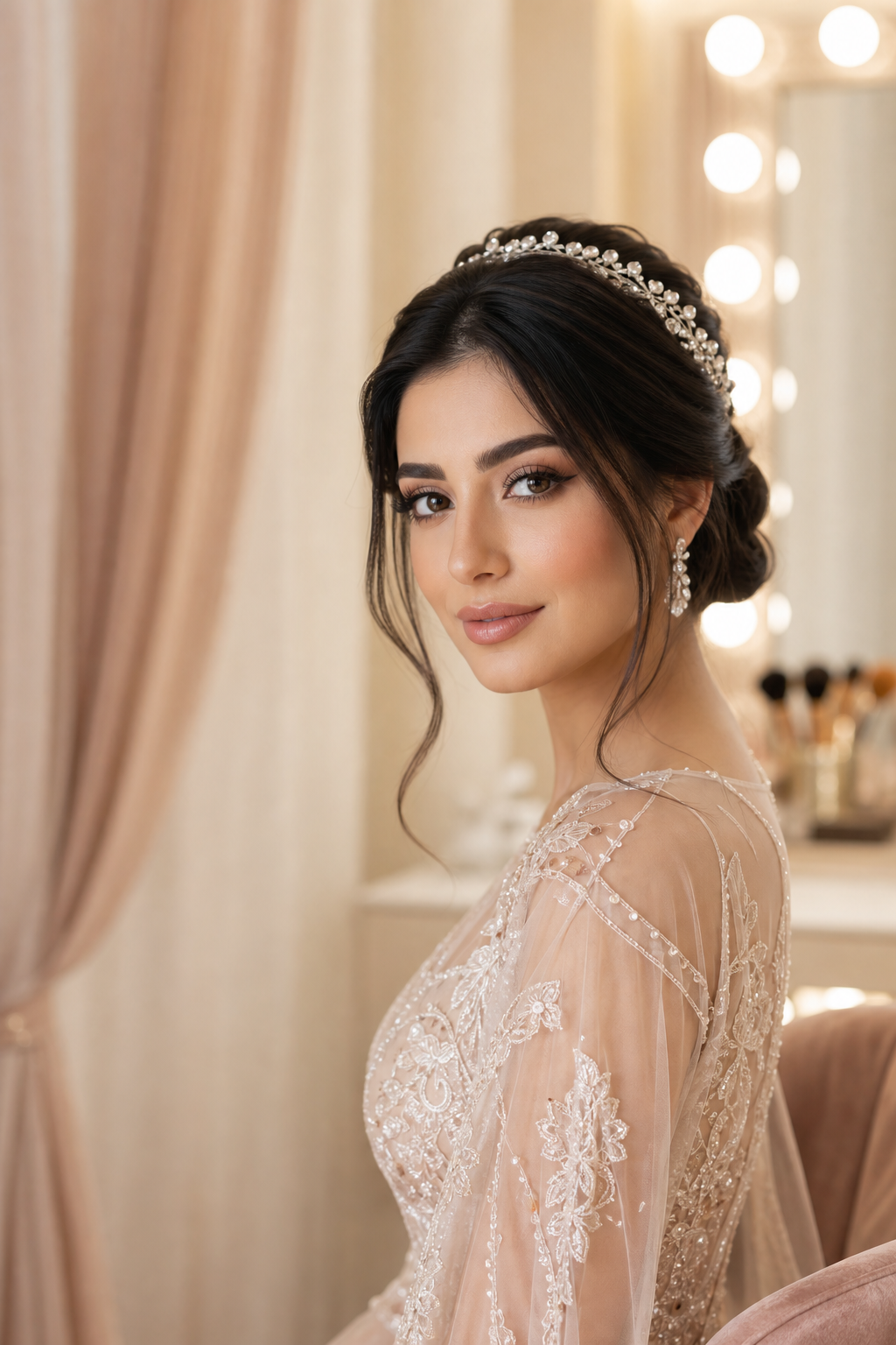 Elegant bridal soft glam makeup look in a luxury beauty studio