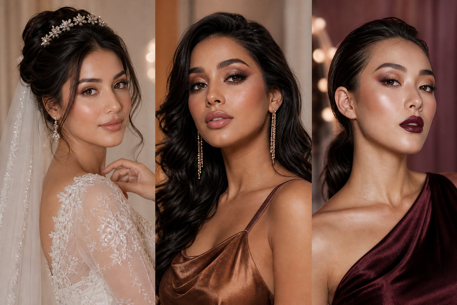 Portfolio collage of bridal, evening, and editorial makeup looks